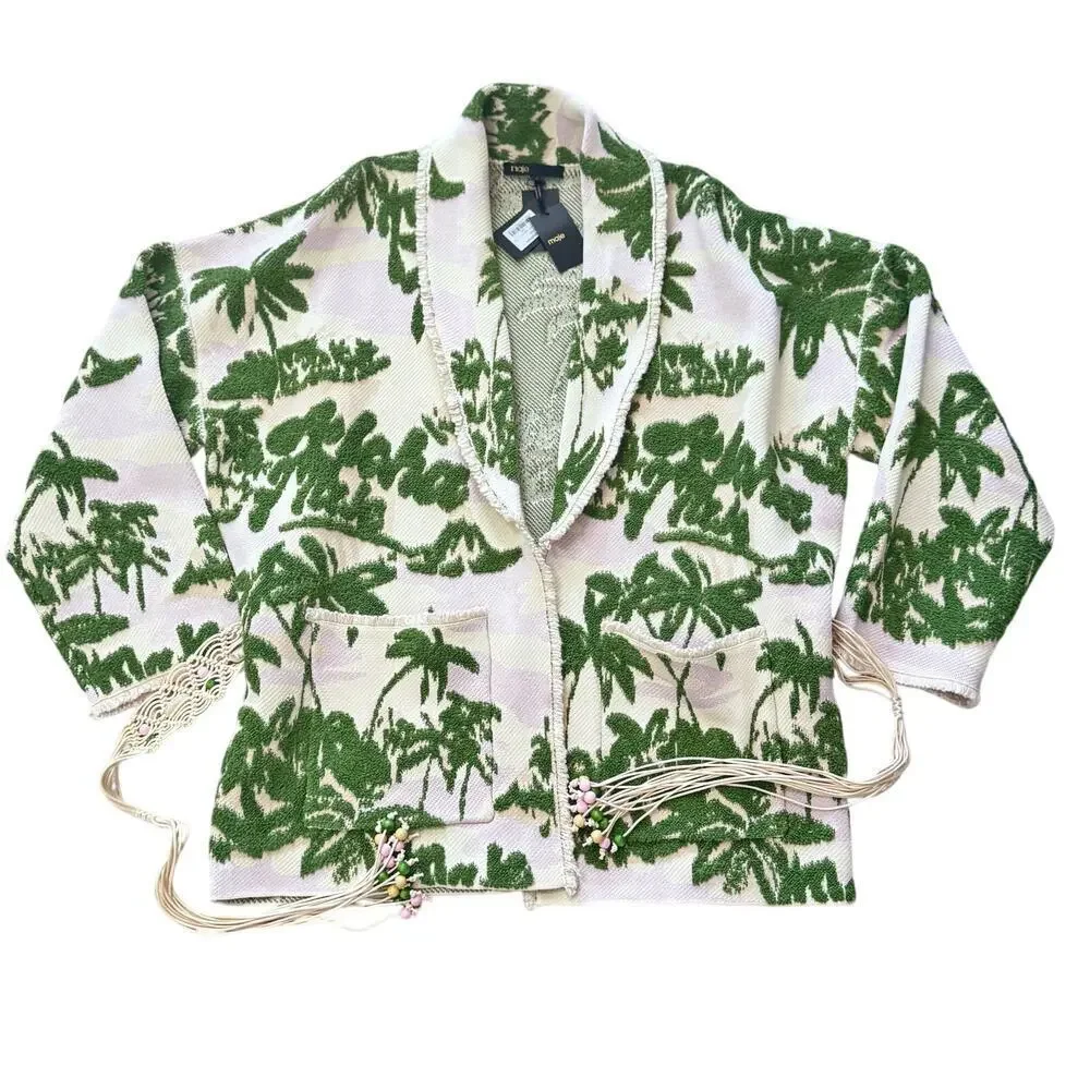 New Maje Imprime Aloha Beige Green Palm Tree Jacket Macrame Belted Sz 1 / US S - Picture 3 of 16